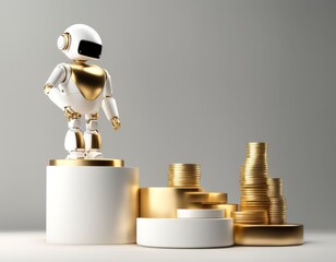 Naklejka premium 3d podium with a robot standing on top of a pile of coins and stacks of coins, with a gray background.