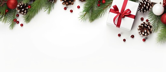 A festive arrangement for Christmas with presents showcased on a white background The top view offers an ample space for your text