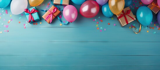 A festive birthday party setup with vibrant balloons gifts hats confetti candy and streamers Presented in a flat lay style it offers ample copy space for greeting text