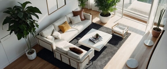 Top view of a stylish living room with beautiful flowers | sofa set in a living room with white couch 