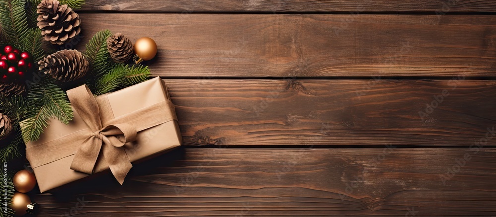 Aufkleber A festive border of fir branches cones and a gift box wrapped in kraft paper rests on a wooden background The image captured from above leaves room for adding text or other elements