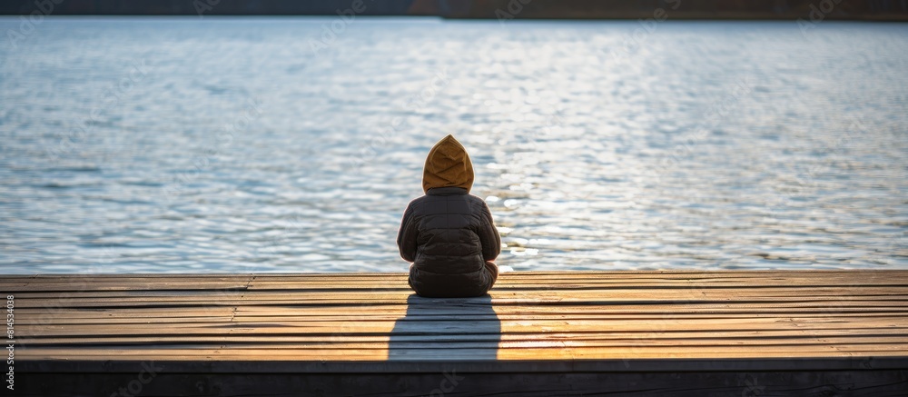 Poster a single boy in a jacket with a hood sits on a wooden dock over water on a sunny cool day as seen in