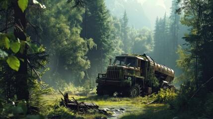 Abandoned truck in the forest. Conceptual image