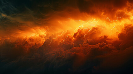 Amazing lightning storm in orange light and dark