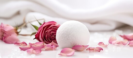 A copy space image of a luxurious rose infused bath bomb resting on a white towel exemplifies the beauty of organic cosmetics and their sustainable origins - Powered by Adobe