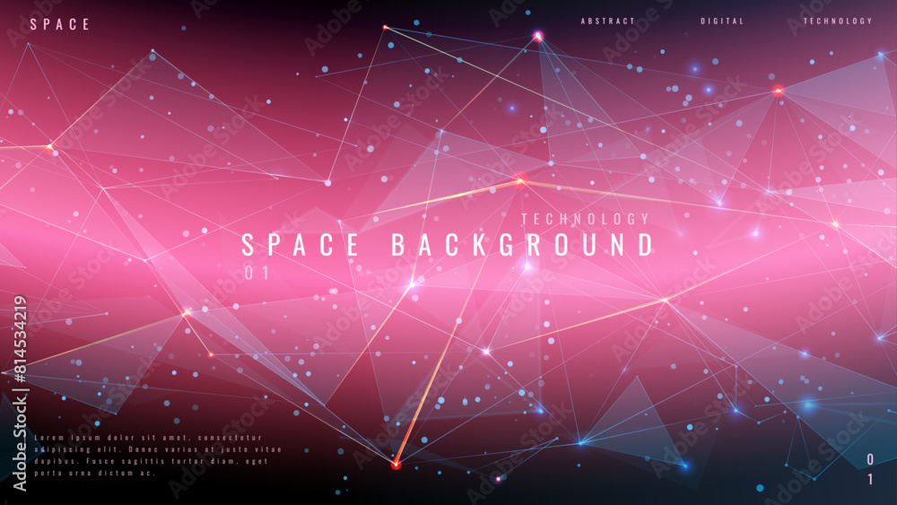 Poster Abstract technology purple background with geometric low poly wireframe elements. Digital tech bg. Polygonal data concept. Connected dots and thin lines. Pink space with plexus. Vector illustration. 