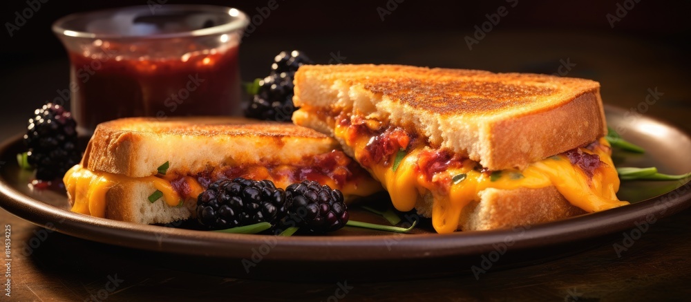 Poster a delightful combination of cheddar cheese omelet fried jalapeno bologna and zesty blackberry jam on