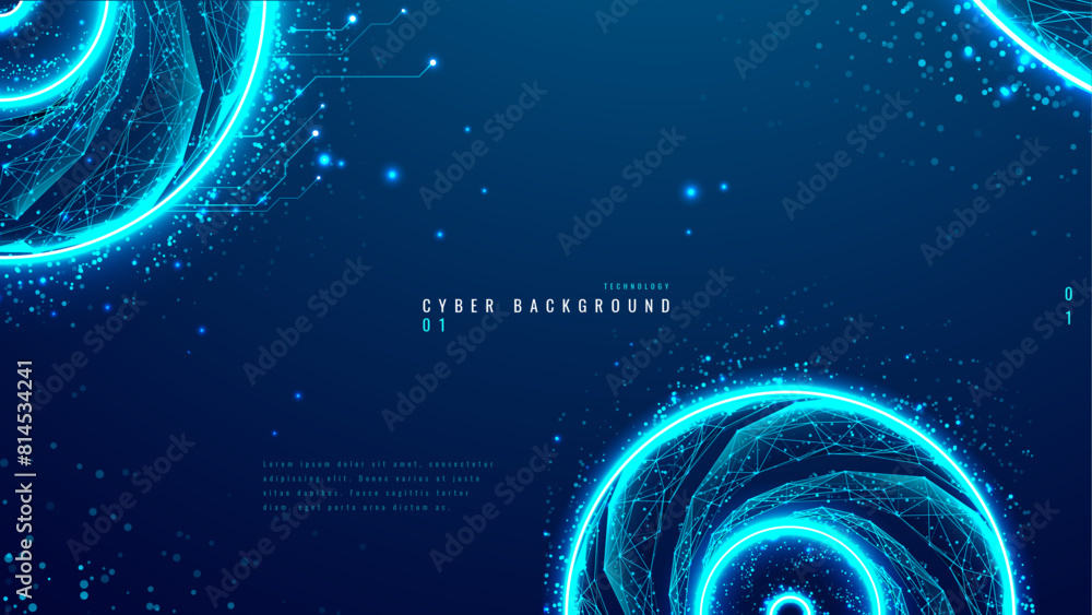 Poster AI chat background. Abstract digital chatbot elements on dark blue background with light neon circles, polygons, and particles. Tech bg. Artificial Intelligence concept. Technology vector illustration
