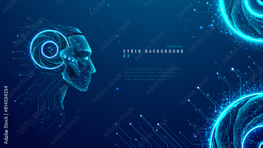 Poster  AI humanoid robot in light neon blue on a technology background. Chatbot or AI concept. Artificial intelligence cyborg face with circuit, quantum processor or chip inside a head. Vector illustration.