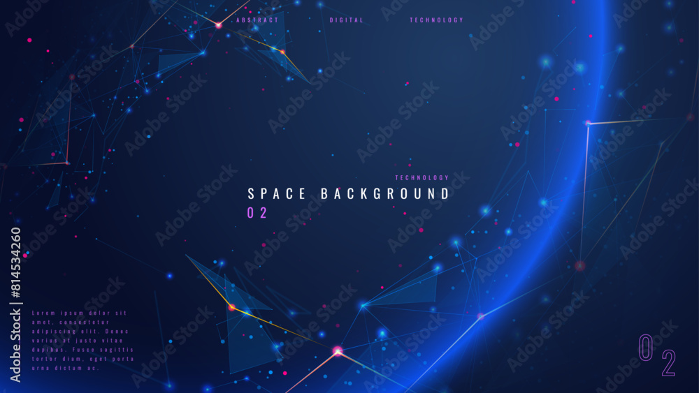 Poster Abstract tech background with low poly wireframe elements. Space technology background in blue. Dark technology bg. Polygonal digital planet in outer space. AI technology concept. Vector illustration