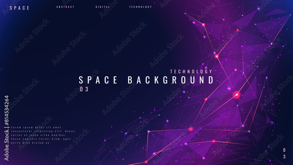 Aufkleber Purple space background with polygonal or plexus abstarct objects. Universe or Galaxy bg. Technology starry sky with connected dots, lines, and polygons. Low poly wireframe vector illustration.backgro