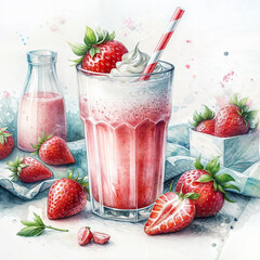 strawberry and raspberry milkshake in a watercolor glass on a white background