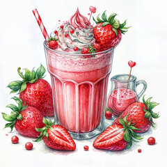 strawberry and raspberry milkshake in a watercolor glass on a white background