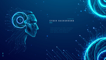  AI humanoid robot in light neon blue on a technology background. Chatbot or AI concept. Artificial intelligence cyborg face with circuit, quantum processor or chip inside a head. Vector illustration.