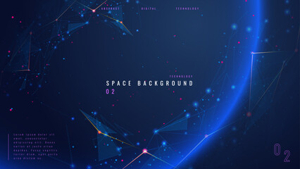 Abstract tech background with low poly wireframe elements. Space technology background in blue. Dark technology bg. Polygonal digital planet in outer space. AI technology concept. Vector illustration © AntonKhrupinArt