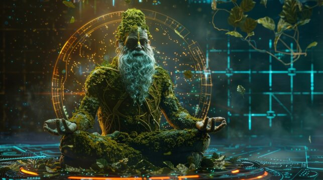 This statue represents a wise old man in the woods meditating, covered with green moss, plants, and roots.