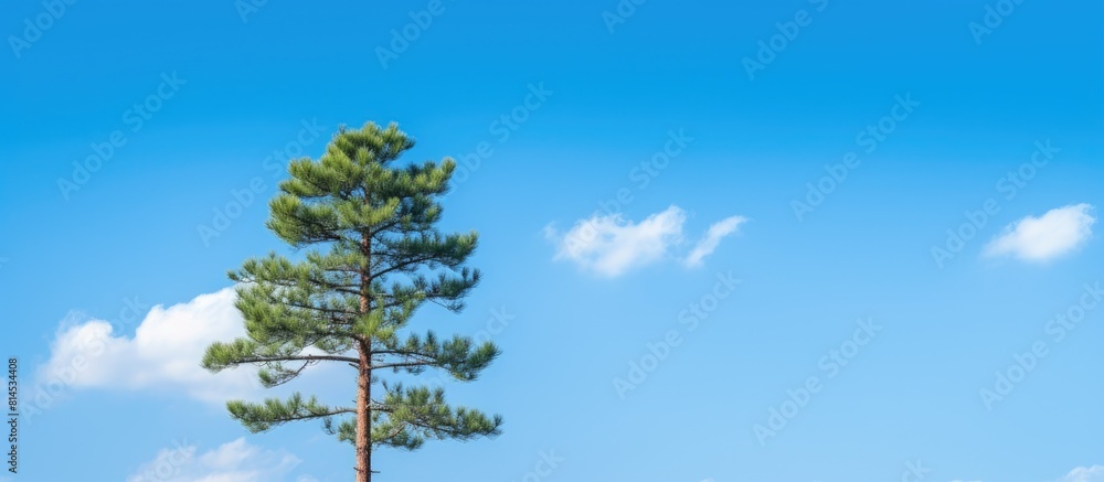Poster a gorgeous pine tree set against a serene blue sky providing ample copy space for images