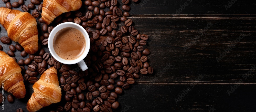 Poster a top down view of a white background showcasing a delightful morning spread of aromatic coffee and 