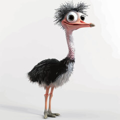 Ostrich with big eyes on white background. 3D rendering