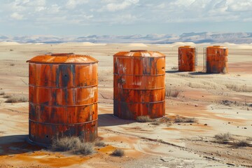 Three rusted metal tanks in a desert. Suitable for industrial or post-apocalyptic themes