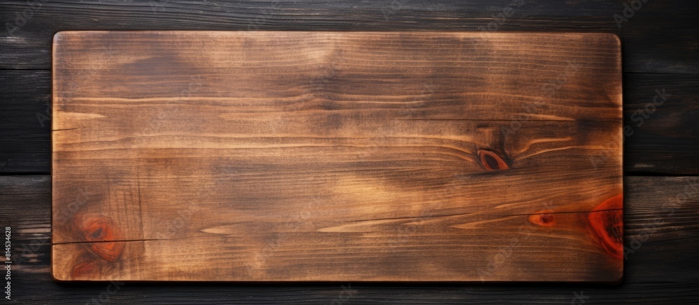 Poster a copy space image of a kitchen cutting board with a top down view placed on a background of black w
