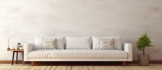 A cozy sofa is placed in an inviting room surrounded by a clean white wall leaving ample room for text in the image