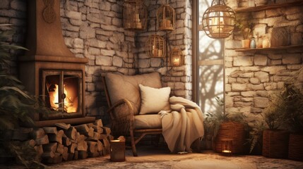 Cozy living room with fireplace and armchair