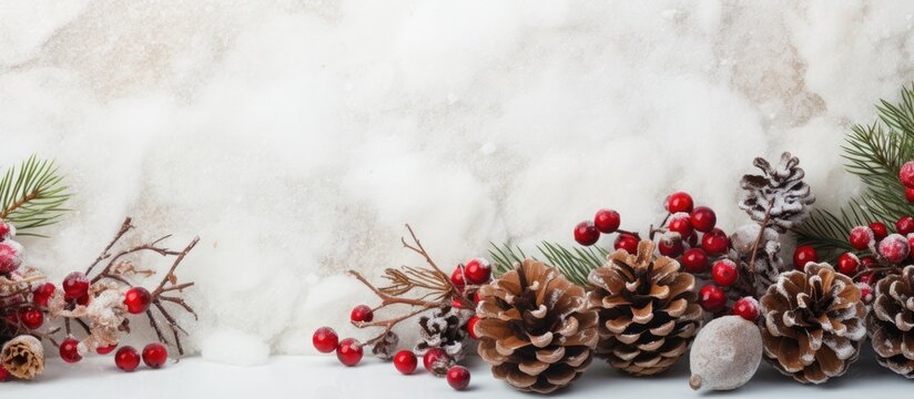 A festive Christmas background featuring a Pinophyta tree branch adorned with brown pinecones tree leaves and red fruits It is set against a white marble backdrop creating a beautiful copy space imag