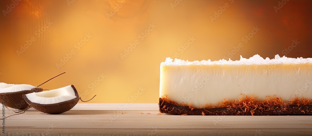 Poster Coconut slice isolated on abstract backdrop with copy space image