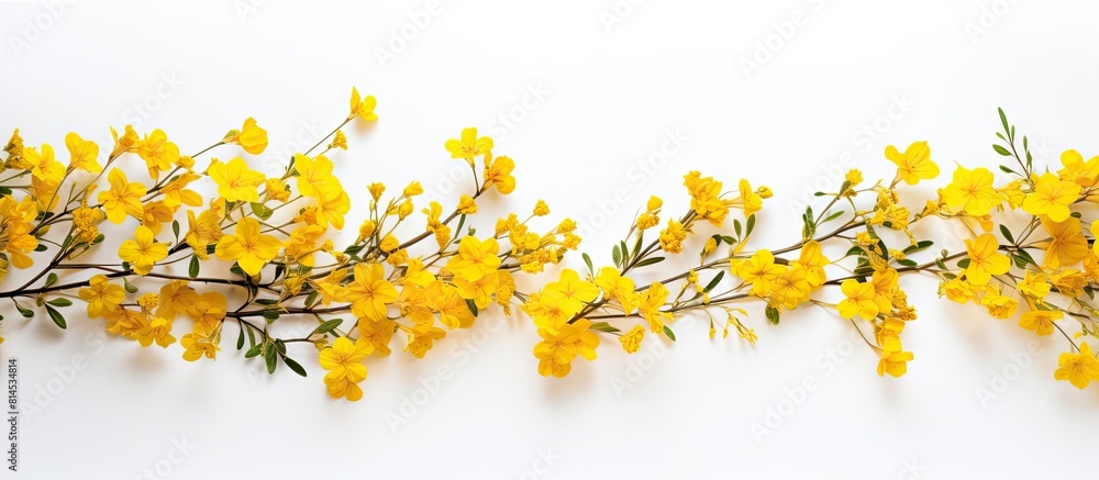 Poster a copy space image featuring yellow flowers arranged as a backdrop on a white surface