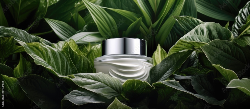 Poster a moisturizing cream bottle is showcased against a backdrop of lush green leaves creating a captivat