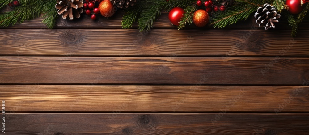 Poster Close up of a wooden desk with a striped timber surface adorned with Christmas decorations such as fir branches and colorful berries Ample copy space available