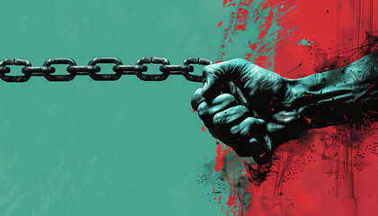 Symbolic image of International Day for the Abolition of Slavery, a strong fist breaking chains against a red and teal background