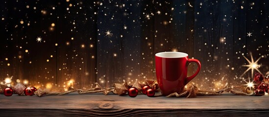 A festive cup of coffee with Christmas themed decorations placed on a rustic wooden surface ready for a copy space image