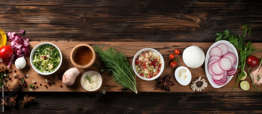 Poster Wooden background showcasing various ingredients for okroshka. with copy space image. Place for adding text or design