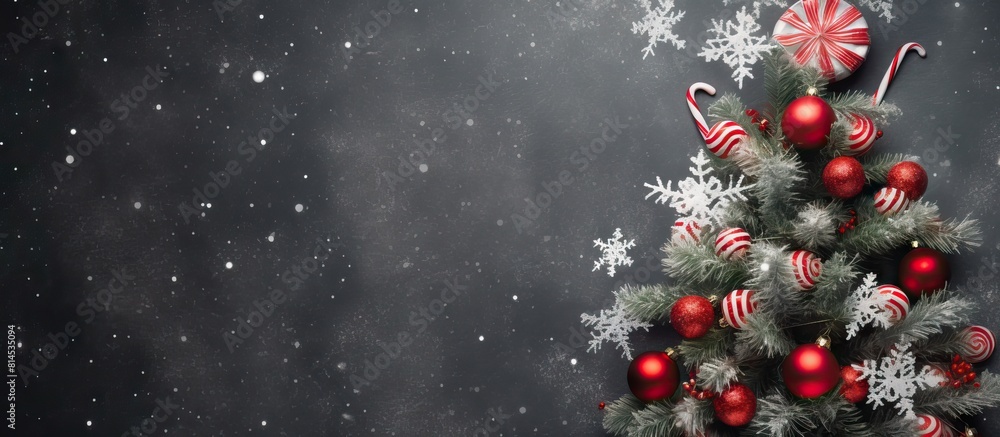 Poster top view of a festive christmas background featuring a beautifully decorated tree and candy canes pe