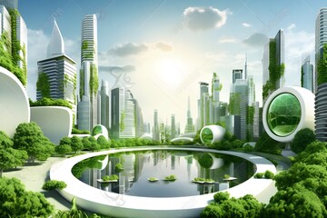 Eco-futuristic cityscape full with greenery, parks and green spaces in urban area.
