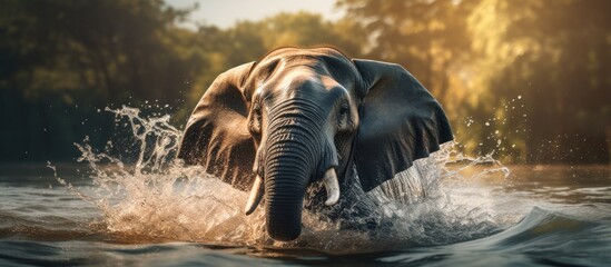 An elephant splashing and bathing in the water creating a refreshing and playful scene captured in a photo with ample copy space