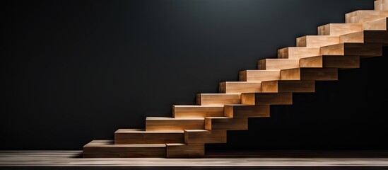 A wooden staircase contrasts against a dark background evoking the concepts of career growth success and motivation There is ample copy space for customization