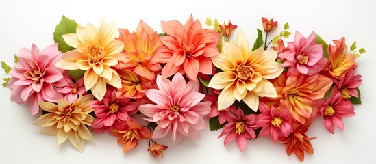 A stunning bouquet of pink and orange flowers set against a clean white background creating a perfect copy space image