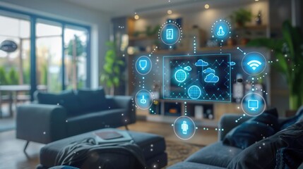 Seamless integration of smart home interior with connected devices and floating blue digital icons for tech-savvy living