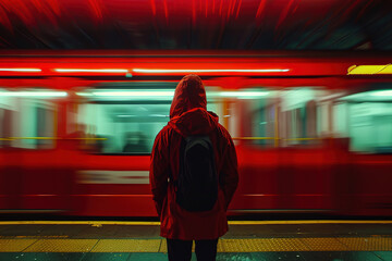 Red tube train in slow motion, captured perspective of someone standing on one side as it passes. Background is blur with streaks and lines representing speed and movement. 