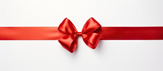 A shiny red silk ribbon on a white background creating a festive atmosphere The image is taken from a top down perspective It is a copy space image