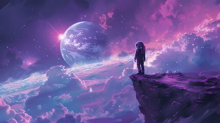 Fototapeta premium Digital technology blue and purple space astronaut poster background