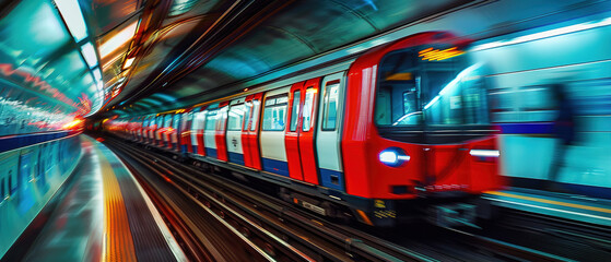 Red tube train in slow motion, captured perspective of someone standing on one side as it passes. Background is blur with streaks and lines representing speed and movement. 