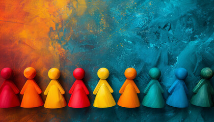Wooden figures in various colors stand together against a textured backdrop, symbolizing unity on the International Day for the Elimination of Violence against Women