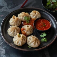 Momos dumplings with a small bowl of sauce, on the plate, Indian, Nepal local traditional food, Cuisine, closeup