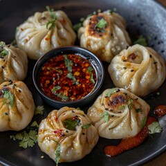 Momos dumplings with a small bowl of sauce, on the plate, Indian, Nepal local traditional food, Cuisine, closeup