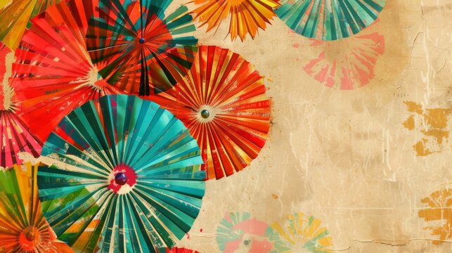 Colorful paper fans create a striking contrast against a grungy background