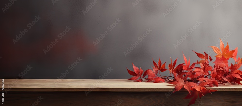 Poster minimalist background with autumn red leaves on a wooden podium perfect for showcasing products in a
